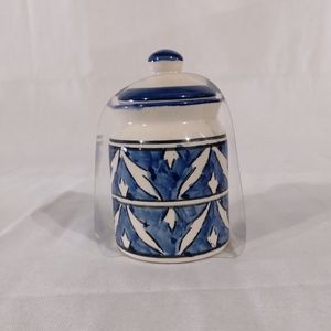 NEW Shabby Chic Blue White Covered Sugar Honey Dish Spoon Included